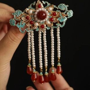 古风汉服头饰烧蓝发簪宋制明制压鬓后压发钗夹子配饰流苏步摇发饰