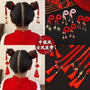 儿童汉服流苏飘带丸子头古装发带新中式女童头绳中国风铃铛发饰品