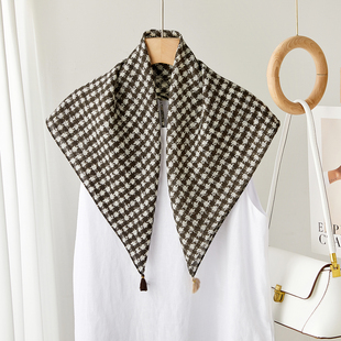 黑白色千鸟格子方巾纯羊毛外搭披肩时尚百搭围巾春秋冬季保暖围脖