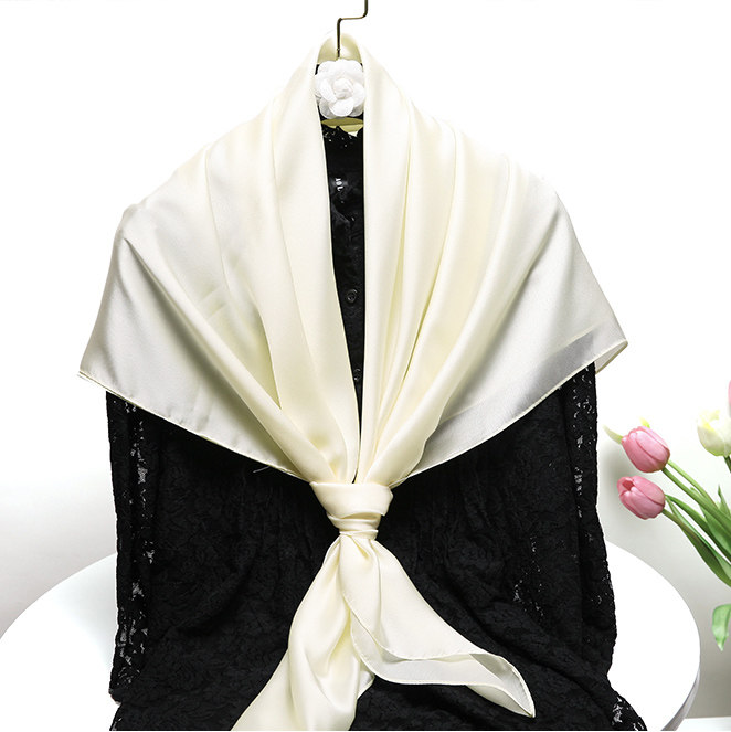 110x高档桑蚕丝丝巾女乳白米黄色真丝大方巾春秋夏季围巾披肩两用