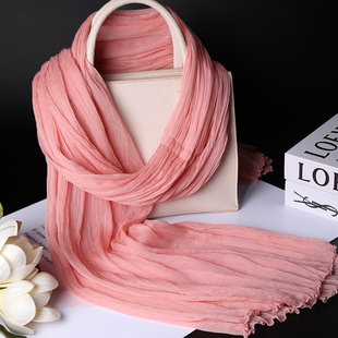 韩版素雅女人味真丝披肩长款皱纱巾薄款丝巾洋气百搭围巾浅粉红色