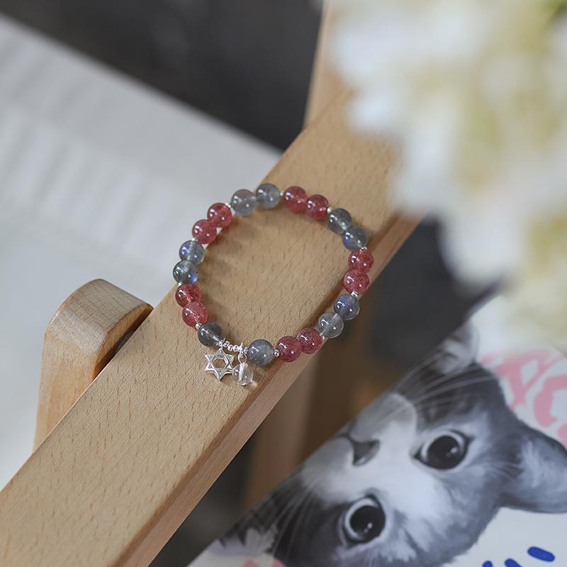 工厂水晶手链女s925银天然草莓晶灰月光石串珠手串六芒星