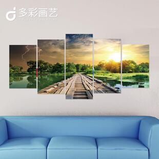 五联风景组合欧式客厅挂画油画 餐厅酒店喷绘帆布打印装饰画芯