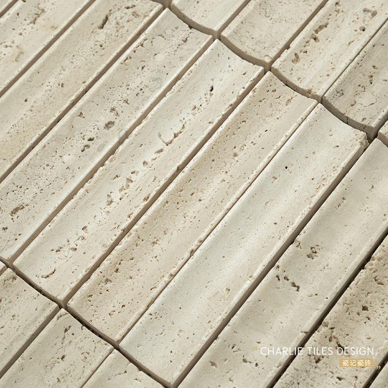 法式中古风米黄洞长条凹面莱姆石马赛克厨房地砖墙砖卫生间服装店