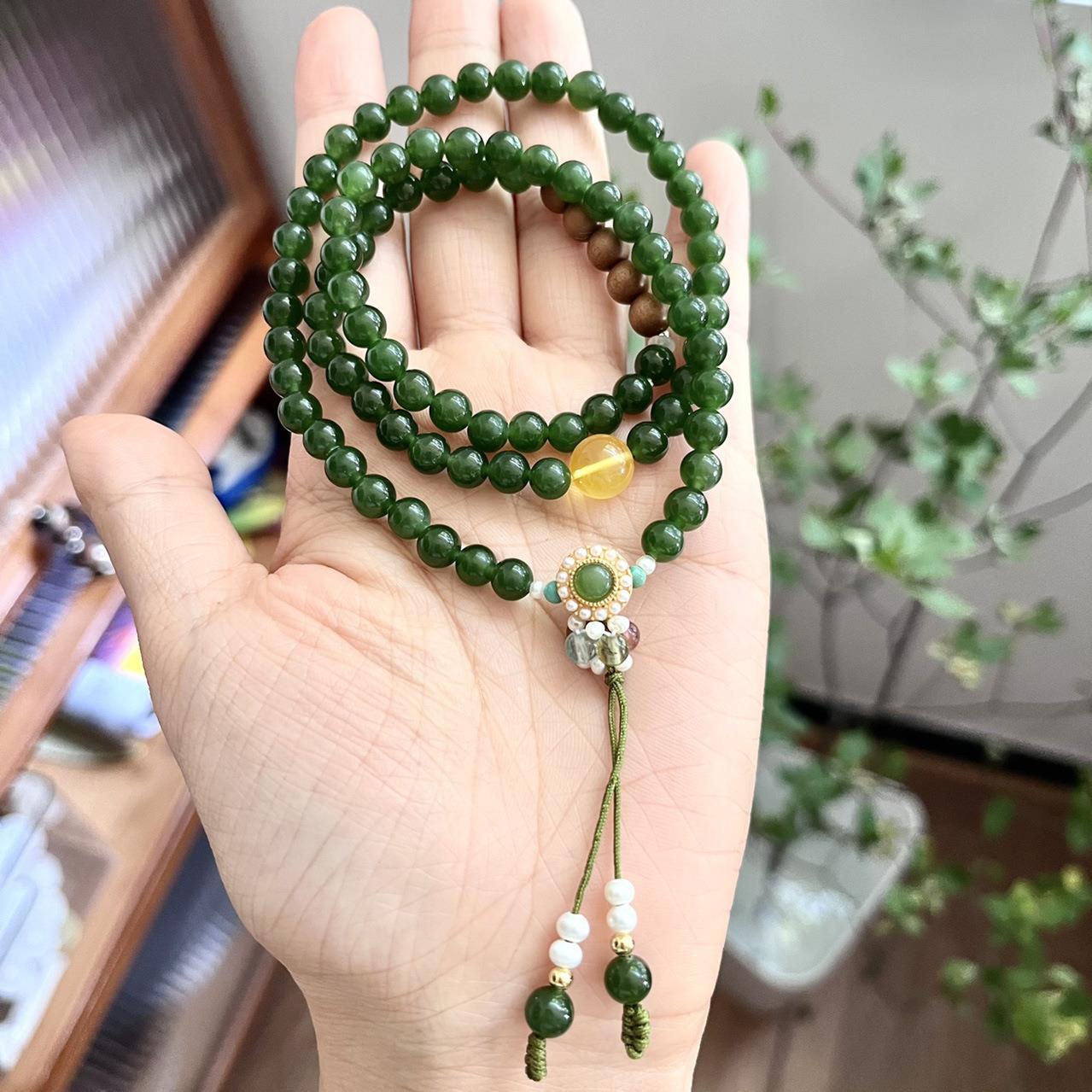 天然6MM多圈碧玉手链老山檀手串女款流苏珍珠手链 小众复古设计款