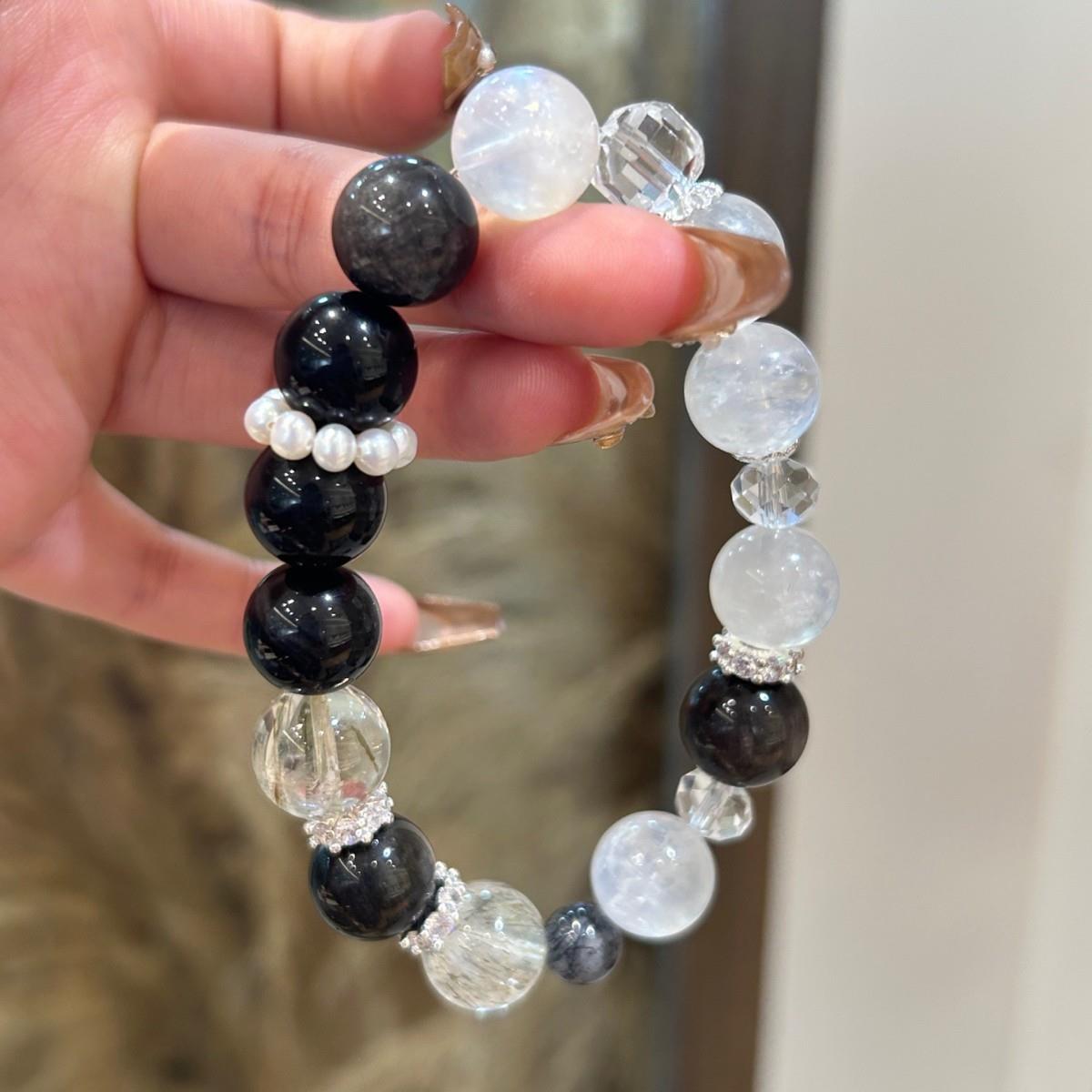 【巧恩】天然银曜石黑发晶蓝月光碧玺发多宝高级轻奢手链百搭设计