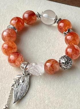 白水晶搭配天然红胶花手串拉长石灰月光手链女生设计感小众轻奢复