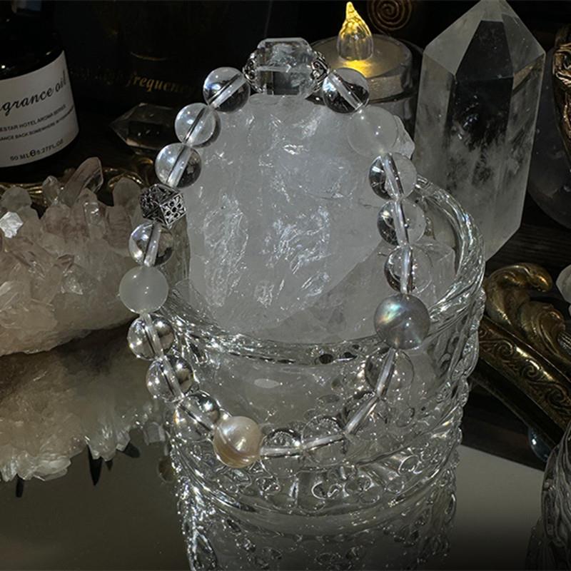 天然白水晶10-12mm圆珠单圈手串搭配珍珠月光石小众百搭女款手链