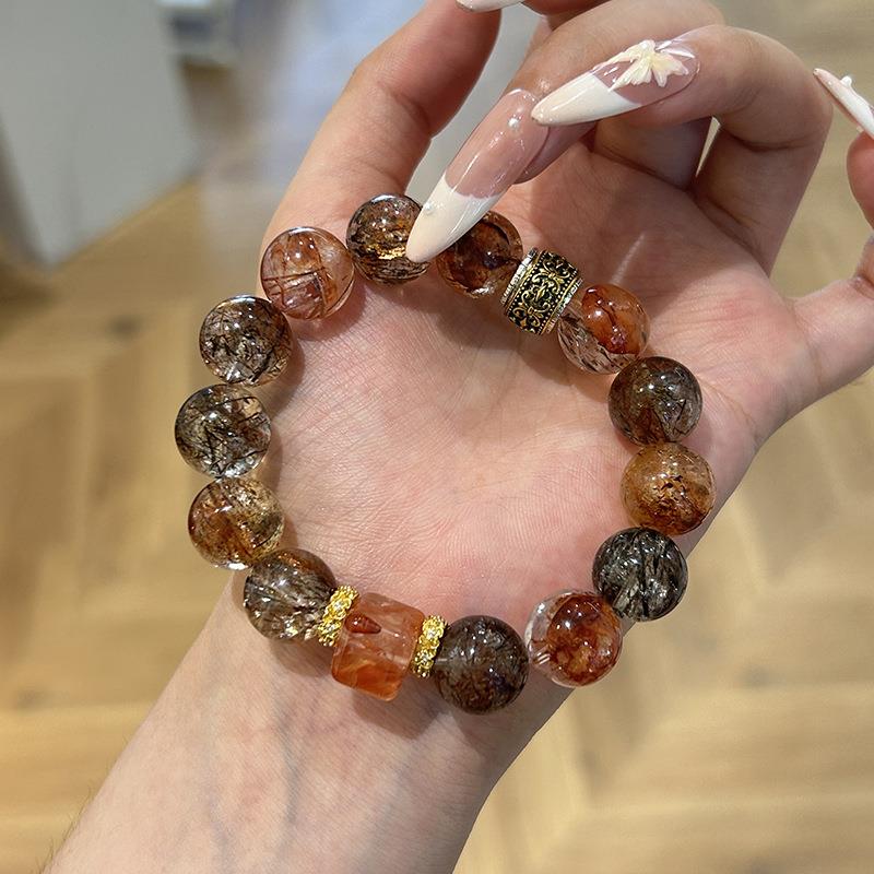 巧恩黑金超手链女大颗粒红胶花个性小众水晶转运串珠手串厂家