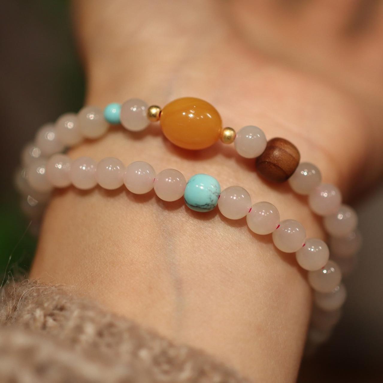 新款老山檀原矿绿松石手链 6mm双圈藕粉和田玉手串 天然蜜蜡枣珠