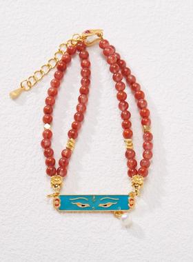 新中式国风天然南红玛瑙五路财神手链蓝财神眼横牌手串女饰品