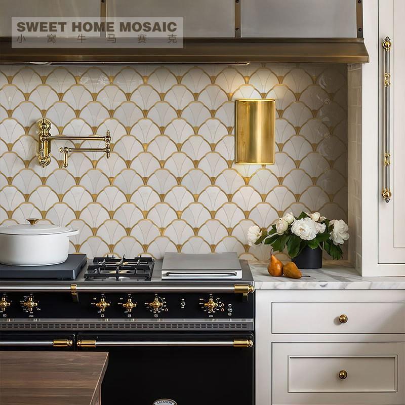 水刀马赛克大理石拼花别墅背景墙金属法式风客厅电视墙餐厅玄关墙