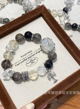 巧恩黑发晶银曜石黄阿塞百搭设计感手串白阿塞白水晶尖尖魔盒