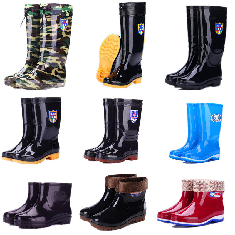 ADULT RAIN BOOTS WOMENS SHORT WATER SHOES MENS MEDIUM WATER BOOTS WATERPROOF HIGH RUBBER SHOES LONG PILE VELVET NON-SLIP WATER BOOTS