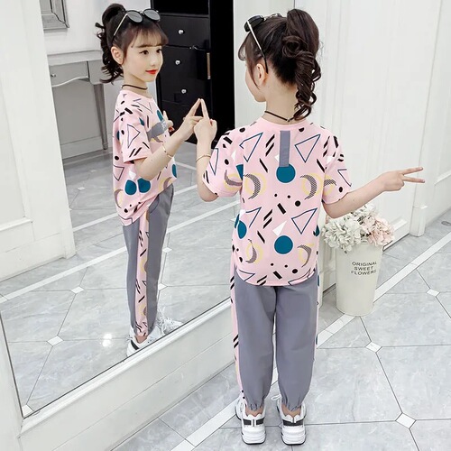 Girls' suit new fashion summer dress foreign style children's middle and large children's two-piece Suit Girls' wear