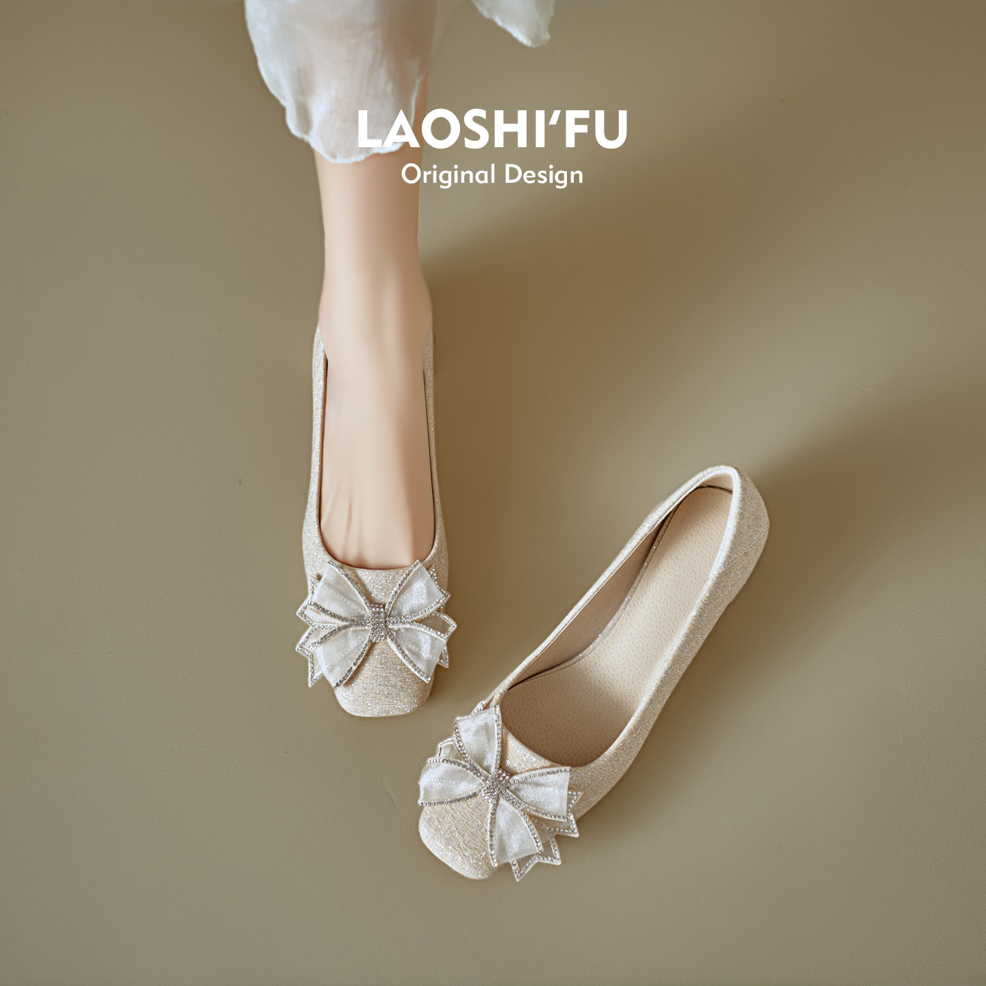 羊皮版~方头水钻蝴蝶结粗跟单鞋女2026新款温柔气质配裙子高跟鞋