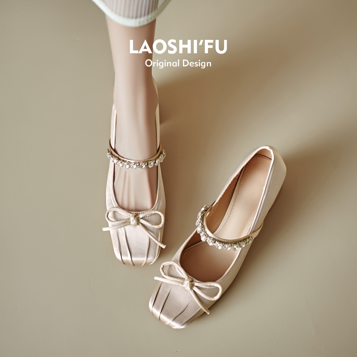 羊皮版！法式蝴蝶结水钻粗跟单鞋女春新款方头配裙子高跟玛丽珍鞋