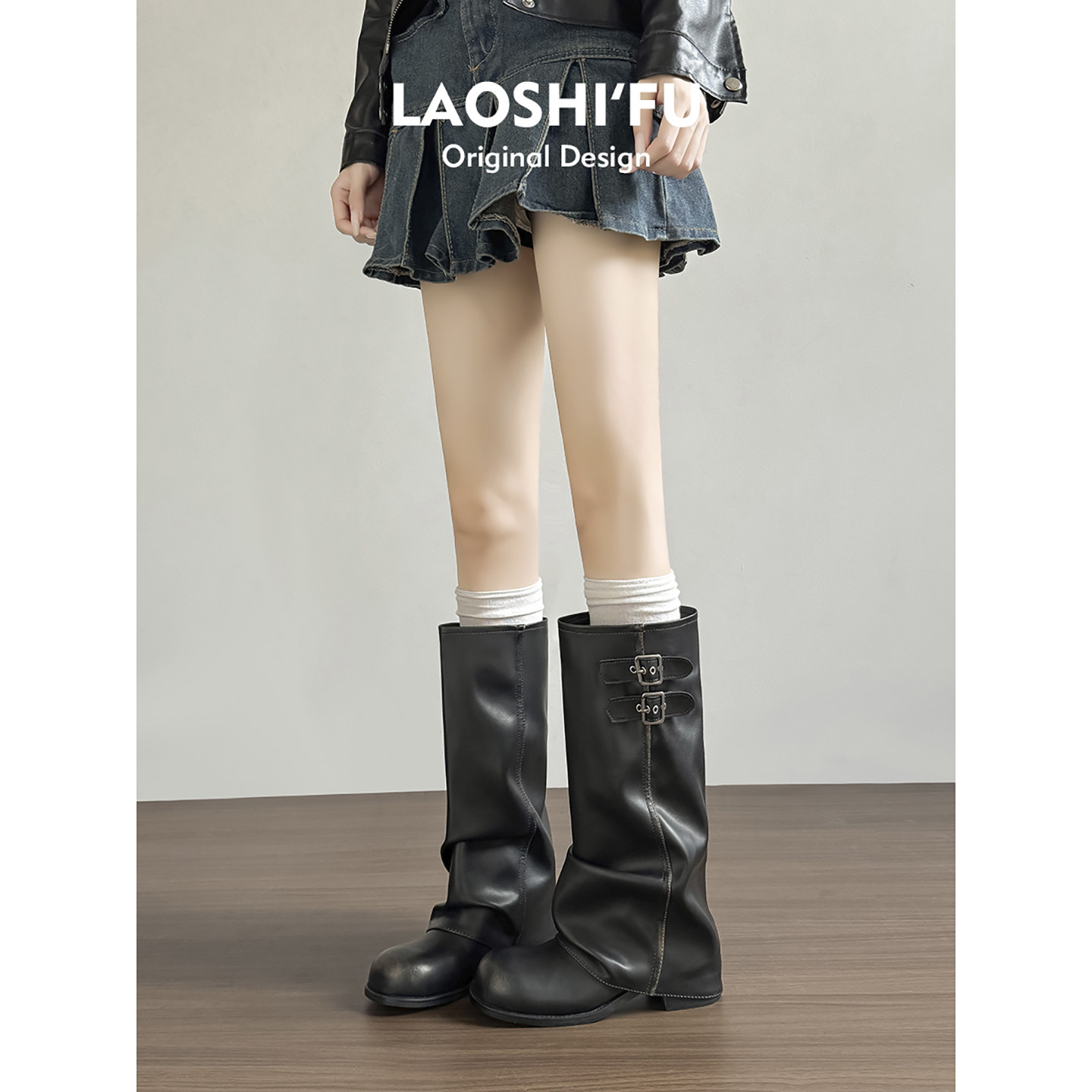 2026新款真皮粗跟皮带扣长筒靴女