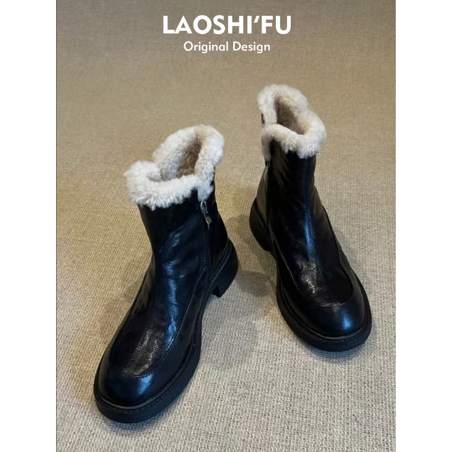 2025新款秋冬加绒真皮粗跟雪地靴