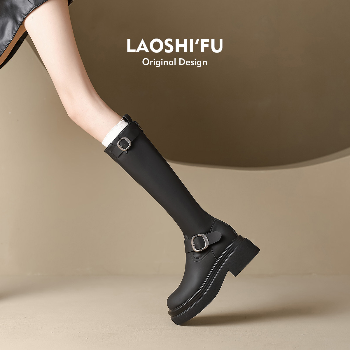 老师傅手工定制真皮厚底长筒靴女粗跟复古皮带扣高筒长靴骑士靴子