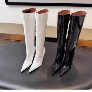 米西家尖头细跟高筒靴子女2025秋冬新款拉链黑色漆皮辣妹长靴百搭