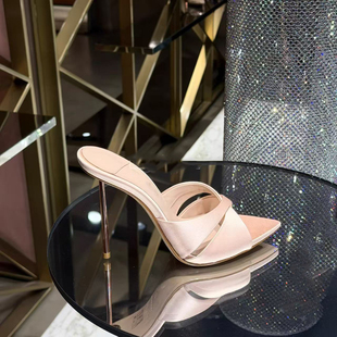 仙女风细跟拖鞋女粉色2025新款尖头交叉带绸缎高跟鞋性感外穿凉鞋