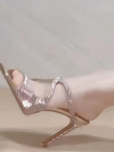 人鱼姬樱花粉高跟鞋2024夏季新款方头露趾拖鞋凉鞋女士后空女鞋