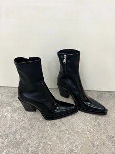 尖头切尔西靴女2023秋冬新款 黑色漆皮坡跟中筒靴欧美拉链粗跟皮靴