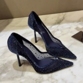 蓝色网面水钻尖头细跟高跟鞋 性感辣妹凉鞋 2025秋冬新款 女浅口单鞋