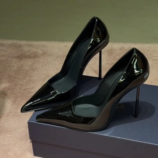 黑色漆皮尖头高跟鞋女2025新款细跟性感职业通勤10cm单鞋御姐风