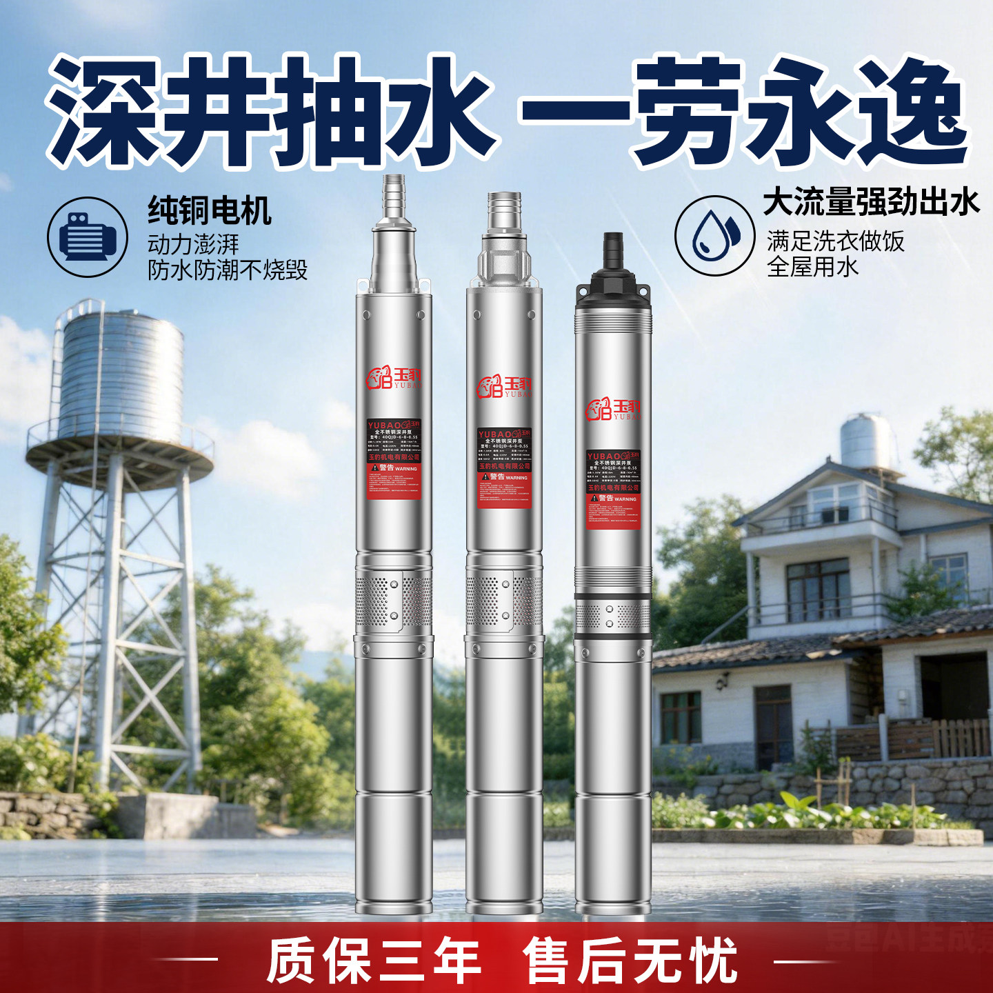 玉豹高扬程大流量深井泵潜水泵220v不锈钢家用小型抽水机深井水泵