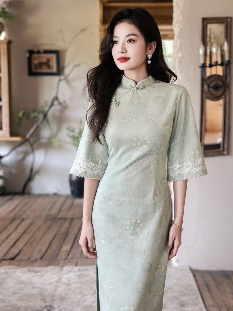 青花小记旗袍绿色改良新中式倒大旗袍