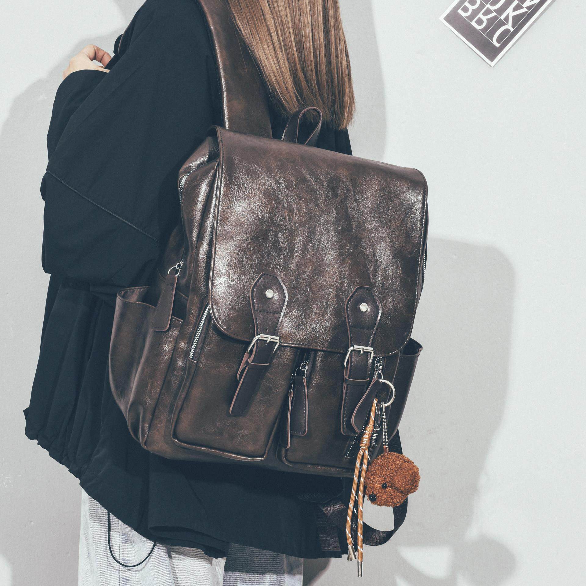 Daben Widod复古软皮双肩包女百搭大容量书包女上班通勤旅游背包