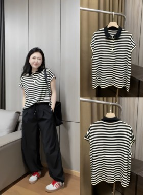 丽的城63321翻领条纹短袖针织衫