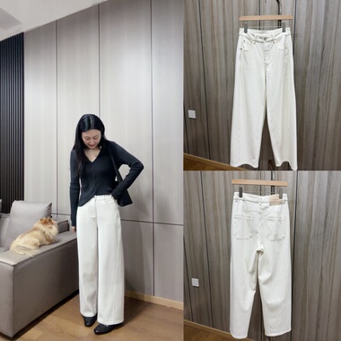 丽的城88023白色斜裤线弹力阔腿裤牛仔裤