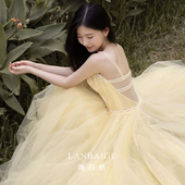 斓白格2026春季 黄色吊带森系蓬蓬裙轻奢高端小个子礼服成人礼 新款
