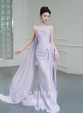 斓白格2025春季新款复古香芋紫色晚礼服抹胸开叉长裙修身显瘦高级