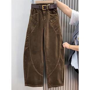 高品质冬季灯芯绒休闲弯刀女裤高腰显瘦宽松版型条绒中老年长裤女