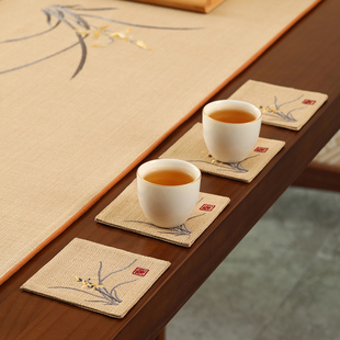 速发新中式茶桌小隔垫防水杯热防烫茶几垫布茶杯垫棉麻布艺茶桌布