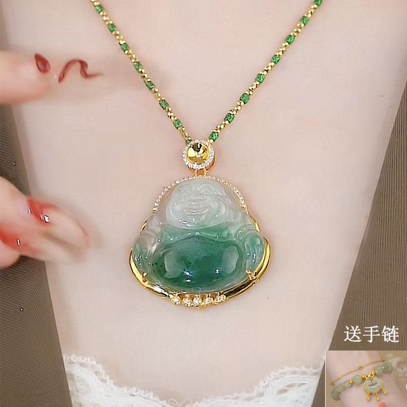 新款吊坠女款弥勒佛K金飘花冰种玉佛笑佛大肚佛项链玉佩玉坠挂件