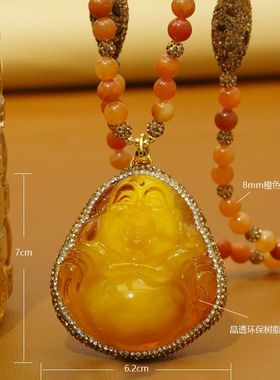 新款黄水晶佛公吊坠项链女款轻奢小众高级感锁骨链百搭毛衣链配饰
