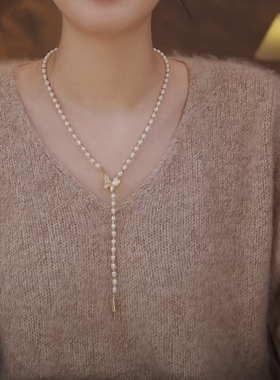 新款蝴蝶结珍珠流苏吊坠项链女款轻奢小众高级感锁骨链百搭送女友