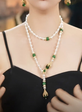 复古国风祖母绿珍珠长款毛衣链