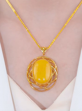 新款椭圆大气吊坠项链女仿蜜蜡