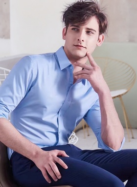 G2000衬衫男长袖小领修身无口袋白色蓝襯衫slim fit 衬衣免烫