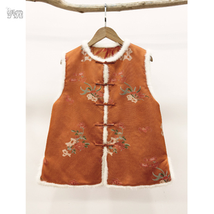 绣觉女装2025冬季新款桑蚕丝山石牡丹宋锦拼接水貂毛新中式棉马甲