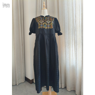 无离居绣觉桑蚕丝壮锦拼接宝相花二经萝连衣裙中式玉石扣拼色长裙