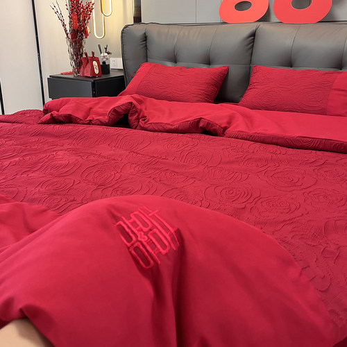 婚庆大红色绣花四件套喜庆玫瑰