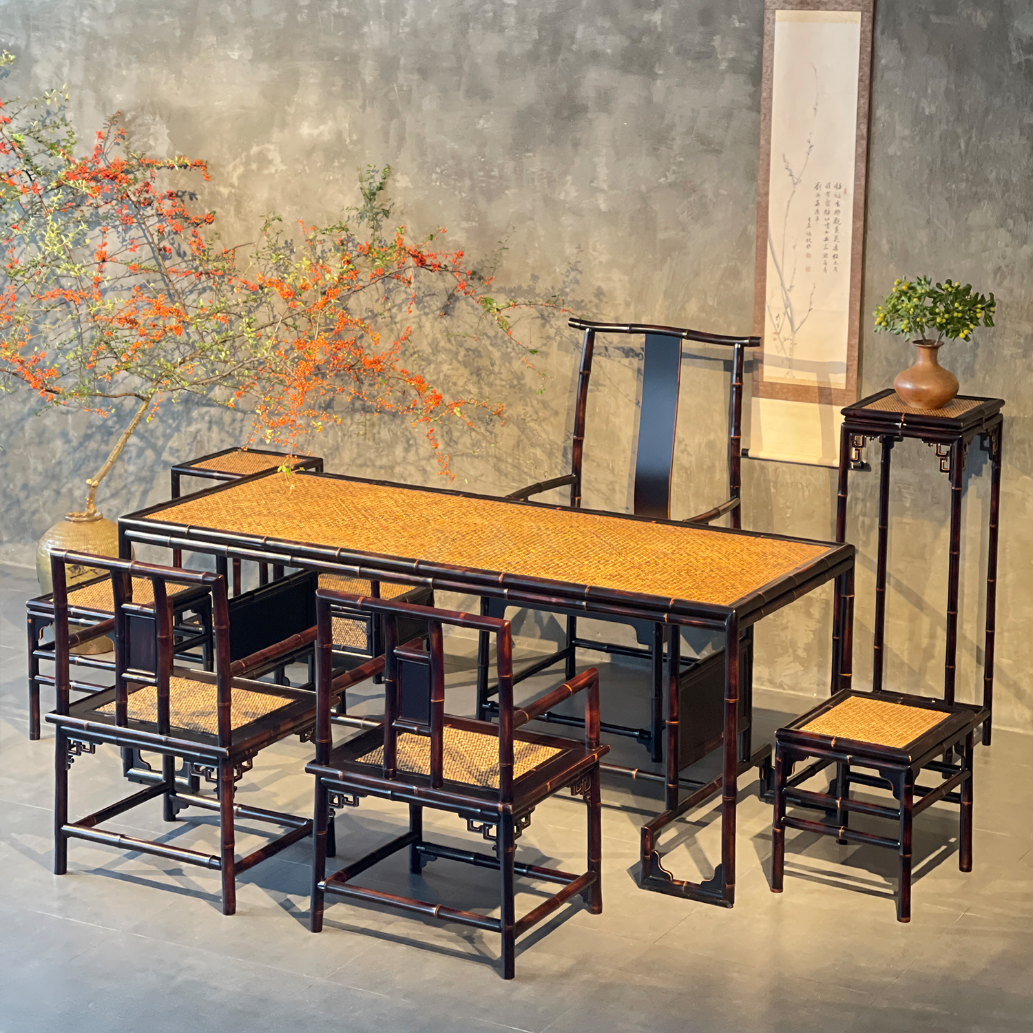 竹老表长桌套装仿古中式茶桌椅凳