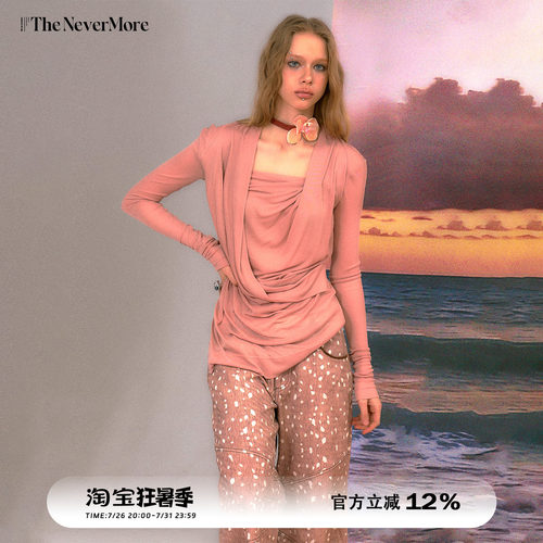 TheNeverMore「落日熔金」交叉荡领长袖针织气质上衣T恤打底衫女